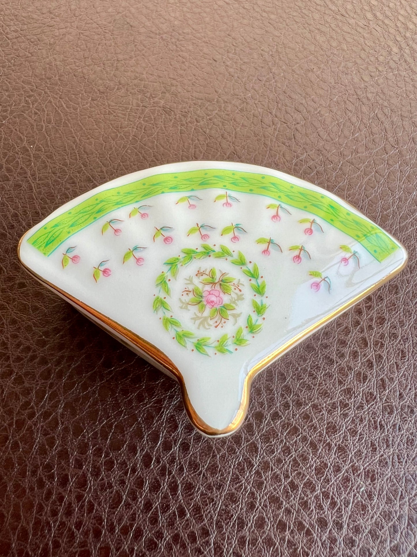 Lefton Fan Shaped Porcelain Trinket Box with Green and Pink Flowers