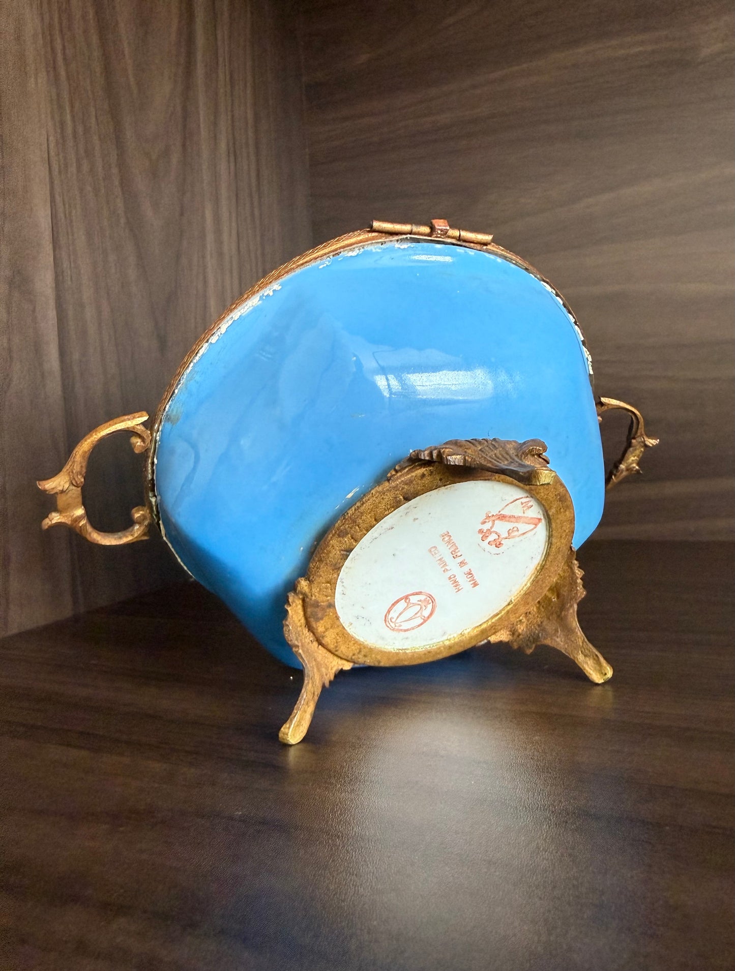 Antique Capodimonte Footed Hand Painted Blue Porcelain Dresser Box, Made In France