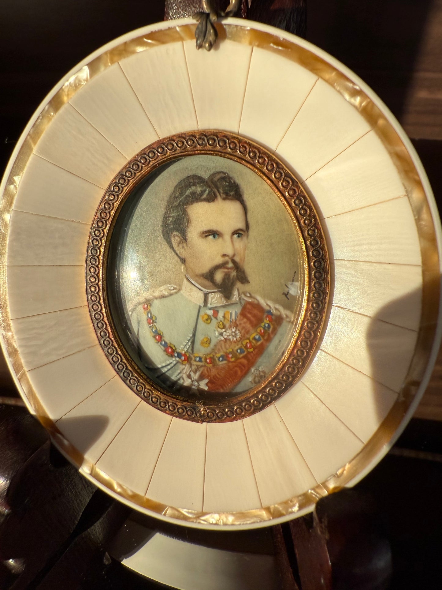19th-century Antique Miniature Painting Portrait of King Ludwig II of Bavaria with Mother-of-Pearl Frame