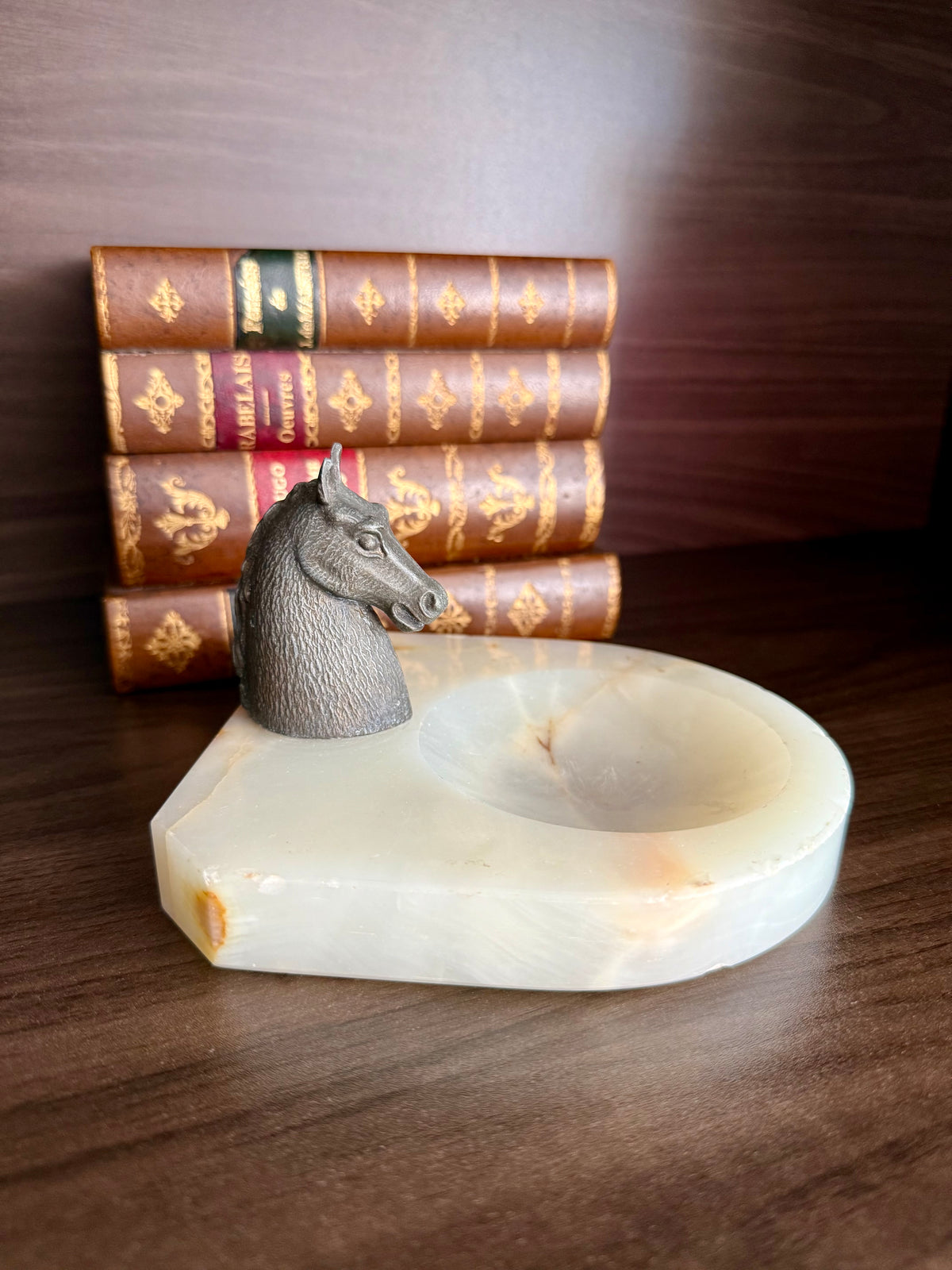 Antique Art Deco Style Bronze Horse Head Statue on Marbel or Green Onyx Ashtray