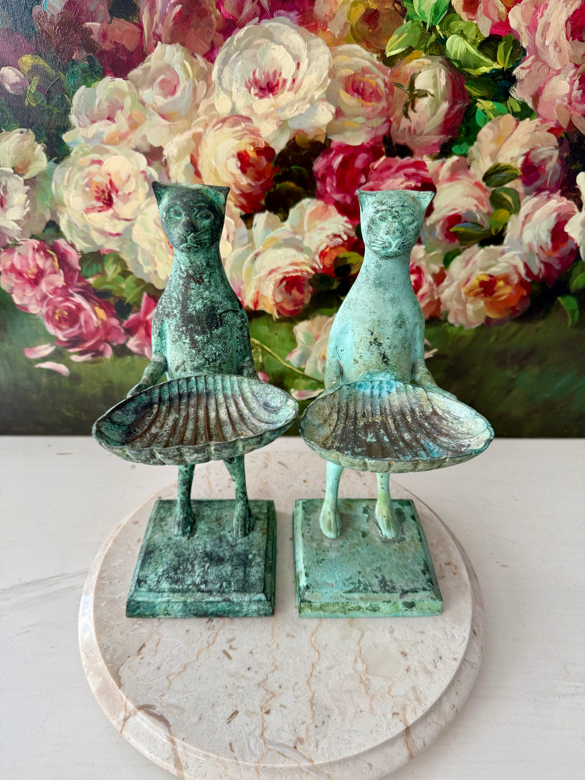 Antique Diego Giacometti-Style Patinated Bronze "Cat Butler" Statues, often used as Soap Dishes, Business Card Holders, or Trinket Trays - This price applies to a single item only!