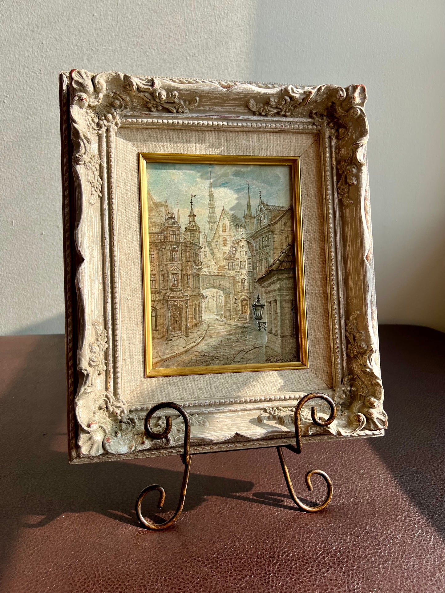 Very Unique “Riga” Old City Original Artwork Vintage Oil Painting with Wooden Framed Signed by G.Sviraunc