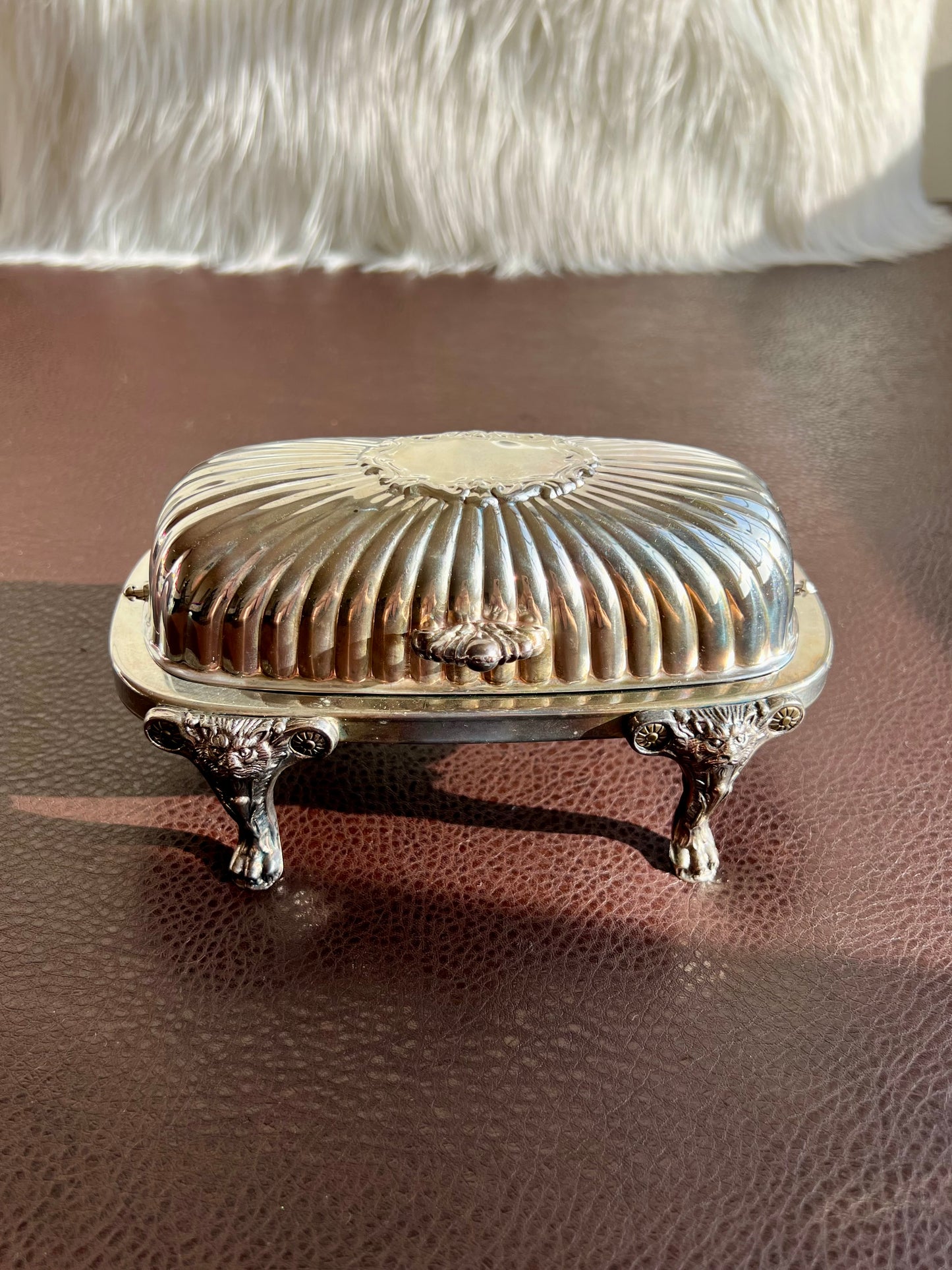 Antique F.B Rogers Silver-Plated Lion Head and Footed Butter Dish Victorian Covered Roll Top - Glass Insert