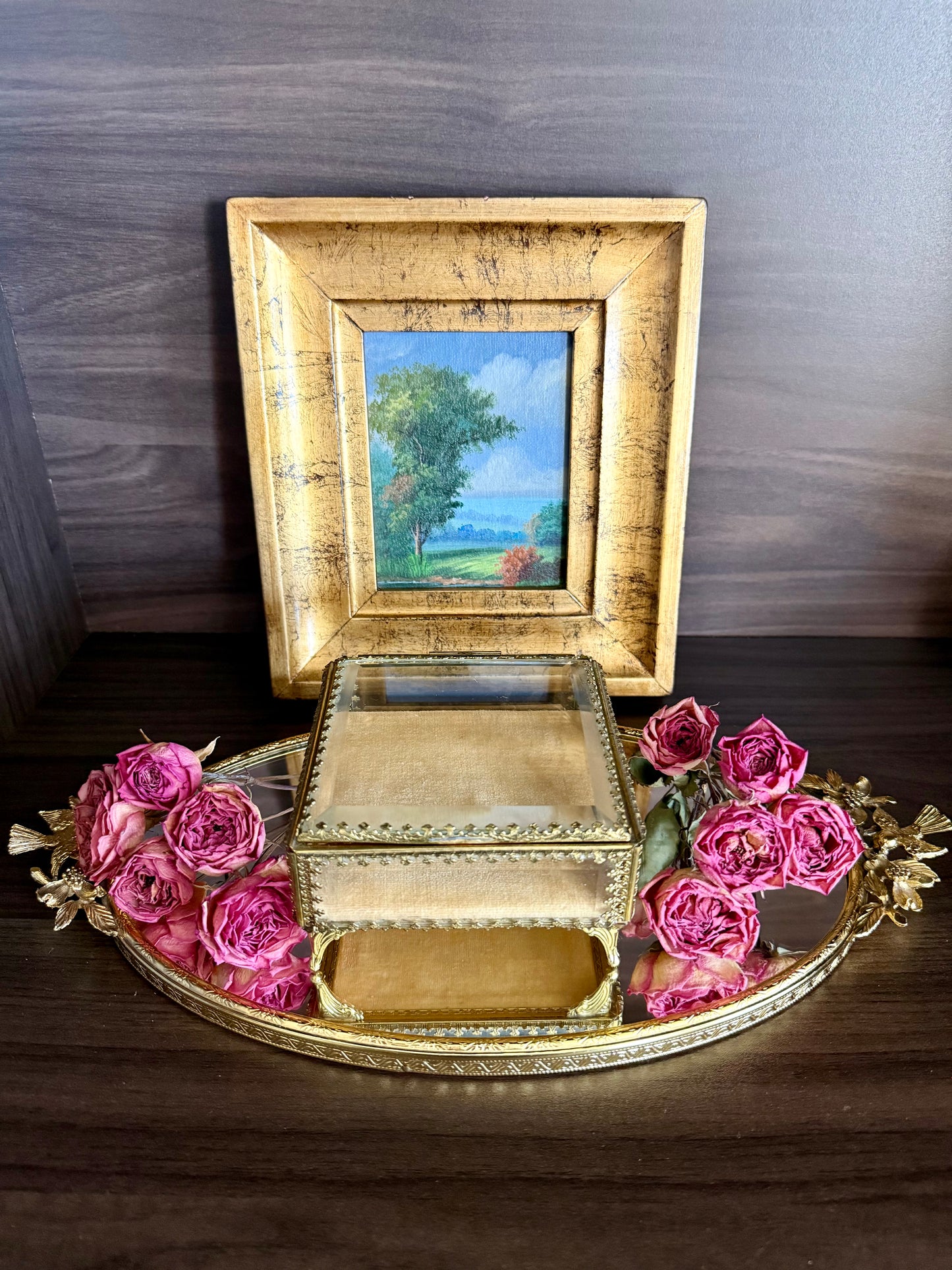 French Style Beveled Glass Vintage Brass Footed Jewelry Casket or Trinket Box from the 1950s