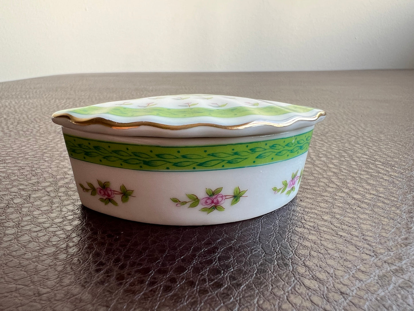 Lefton Fan Shaped Porcelain Trinket Box with Green and Pink Flowers