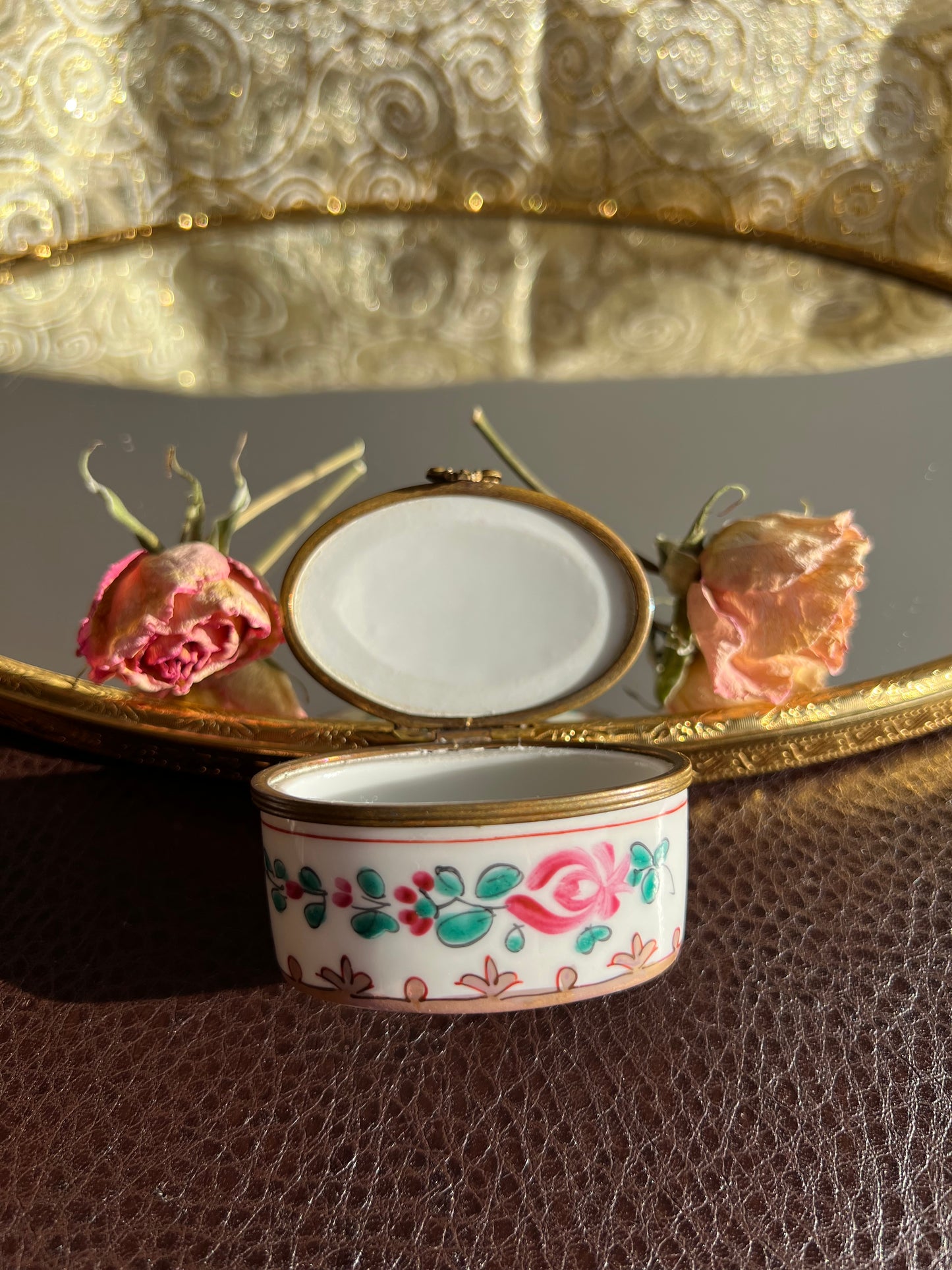 Antique/ Vintage French Oval Porcelain Miniature Jewelry or Pill Box with Decorative Floral Motifs - Double Red LL and ‘Made in France’ Marks on the Bottom