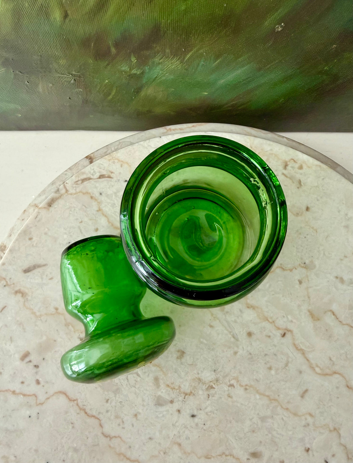 Emerald Green Vintage Belgium Apothecary Jar Glass with Handmade Floral Painting on the Bubble Top Lid