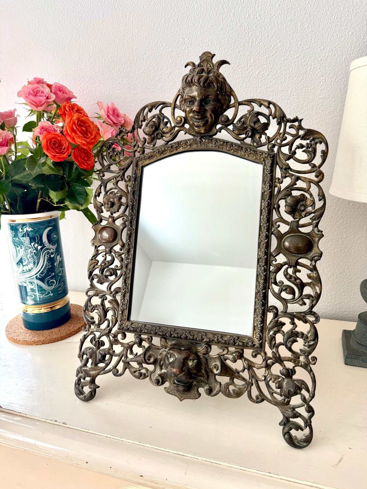 Antique Gilded Cast Iron Cherub and Lion Heads, Victorian French Style Ornate Vanity Table Mirror from Late 19th Century