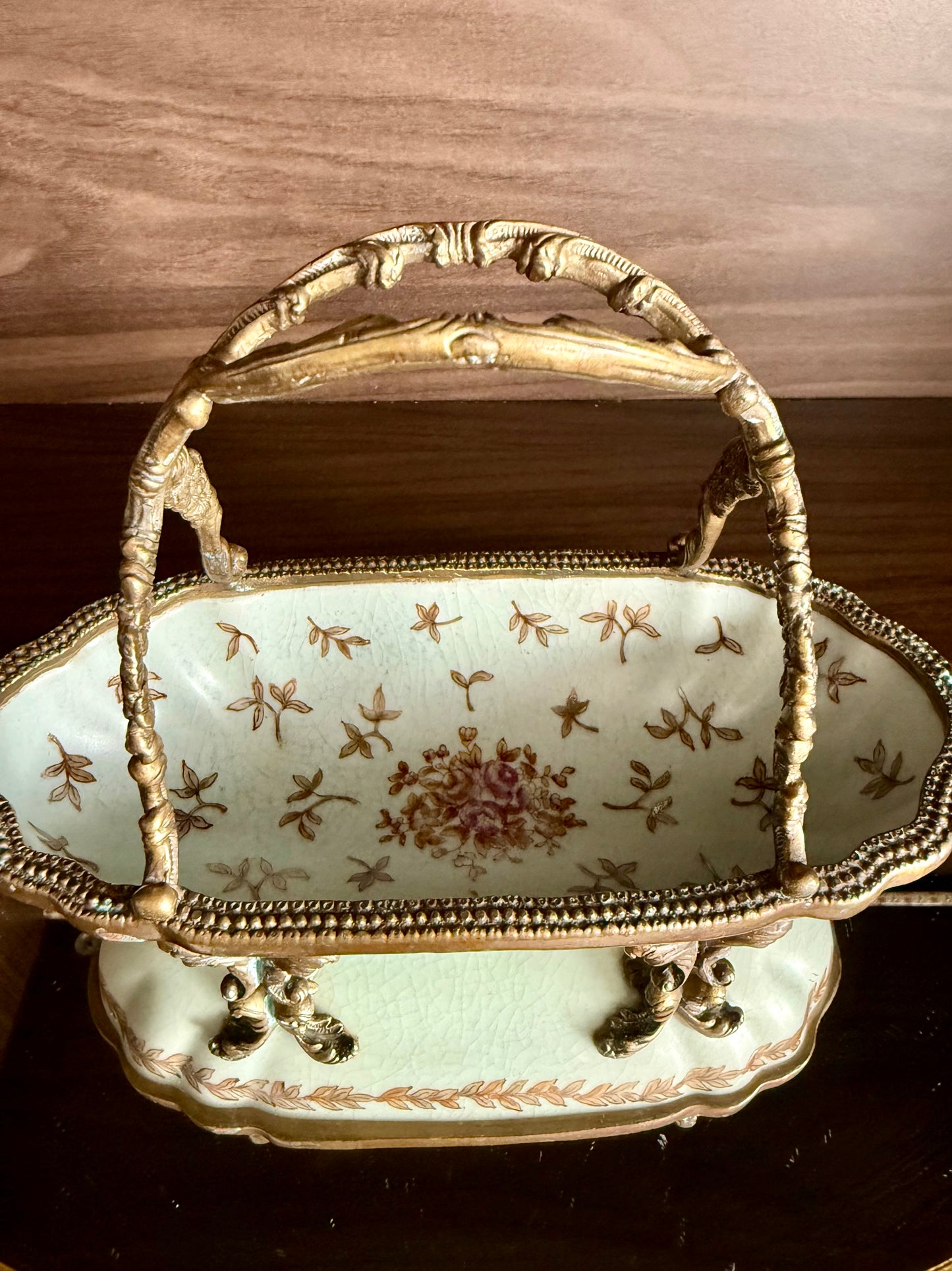 Antique-Looking Art Nouveau Style Porcelain Floral Crackle Glazed Footed Basket Trinket Dish with Bronze Handle