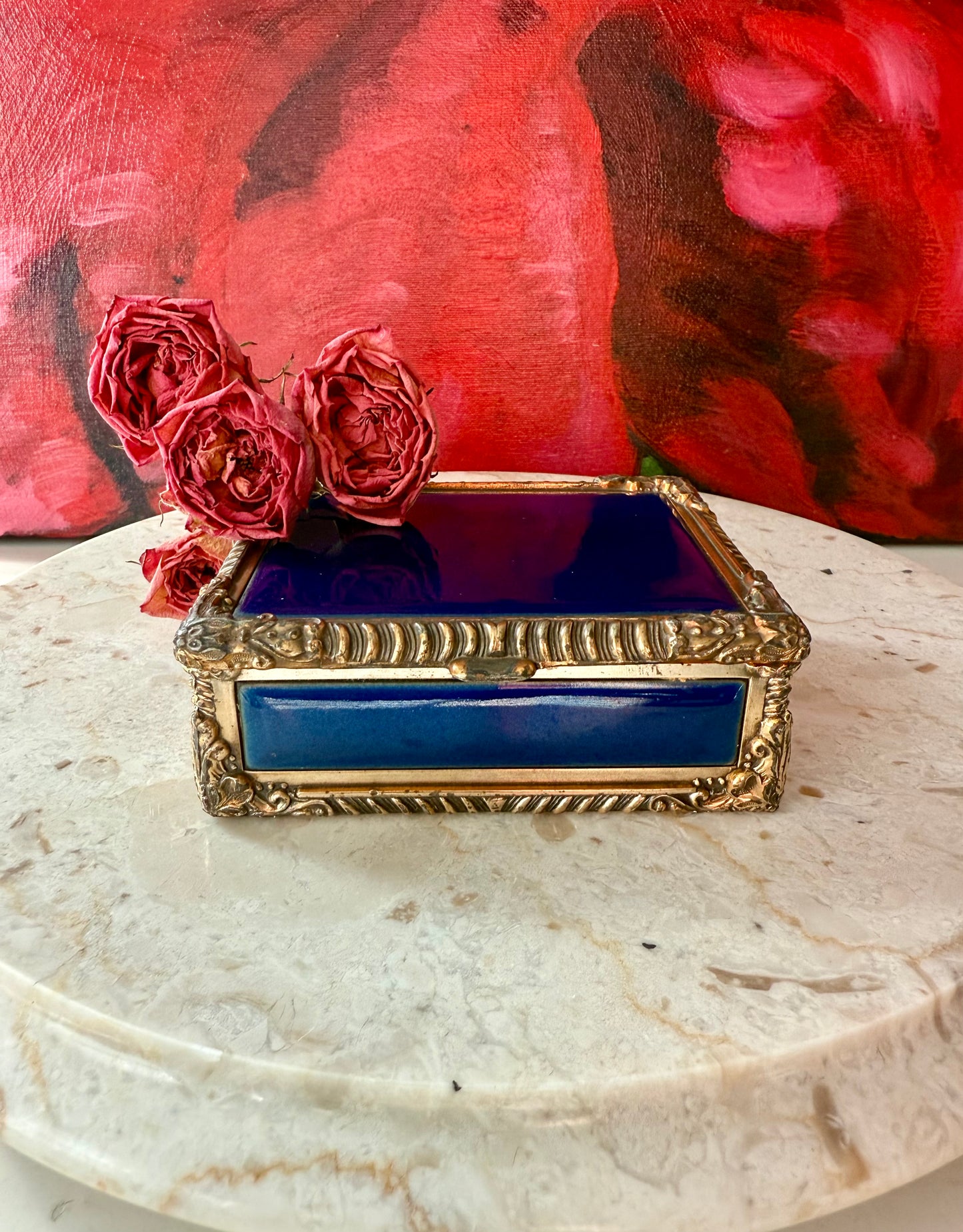 Royal Bovano Italian Style Cobalt Blue Enamel Vintage Cigarette Case or Jewelry Box from the 1950s or 1960s