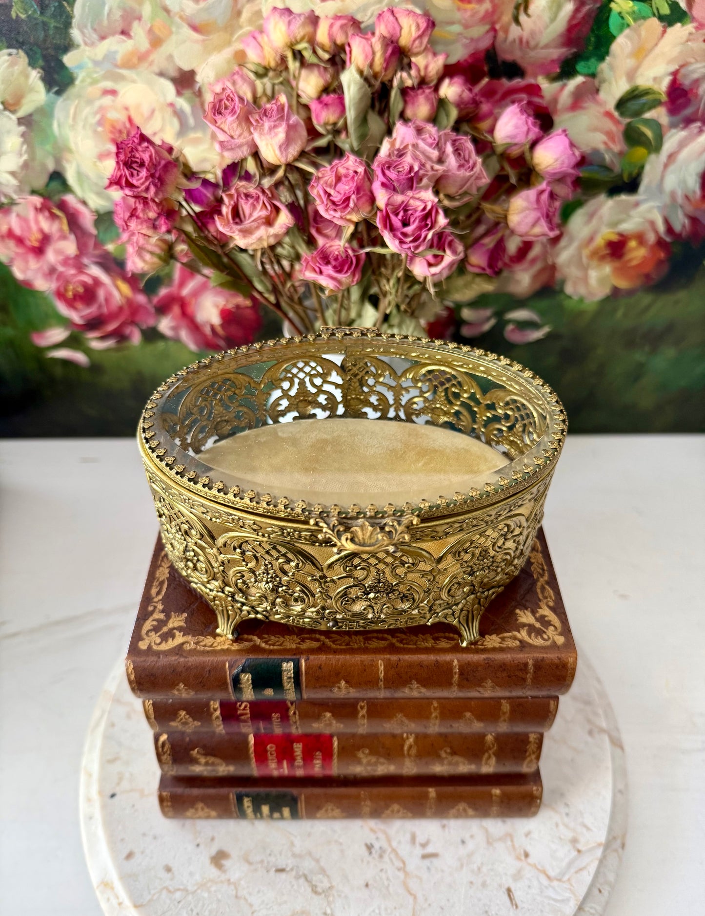 Matson Style Vintage Gold-plated and Glass Hollywood Regency Oval Ormolu Brass Jewelry/ Trinket Box