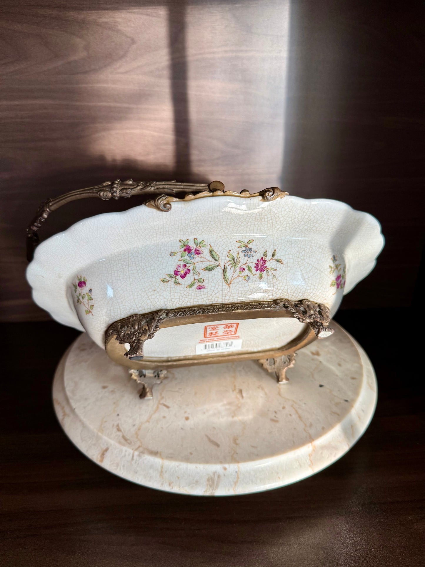 Porcelain Oval Crackle Glazed Vintage Basket Serving Dish with Decorative Bronze Handle, Floral Design and four Legs