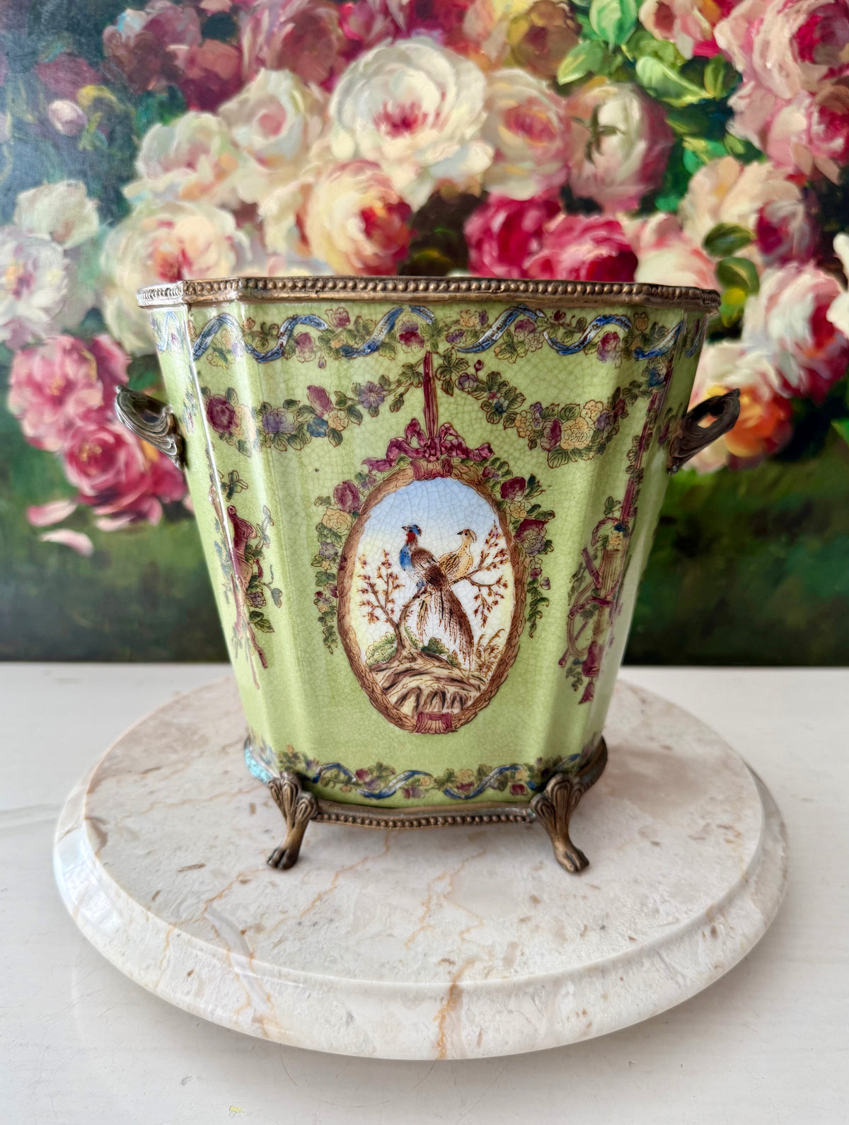 Antique Green Pheasant Bird and Floral Garland Porcelain Brass Footed Cache Pot or Jardiniere