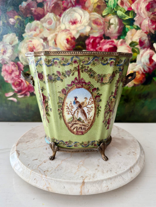 Antique Green Pheasant Bird and Floral Garland Porcelain Brass Footed Cache Pot or Jardiniere