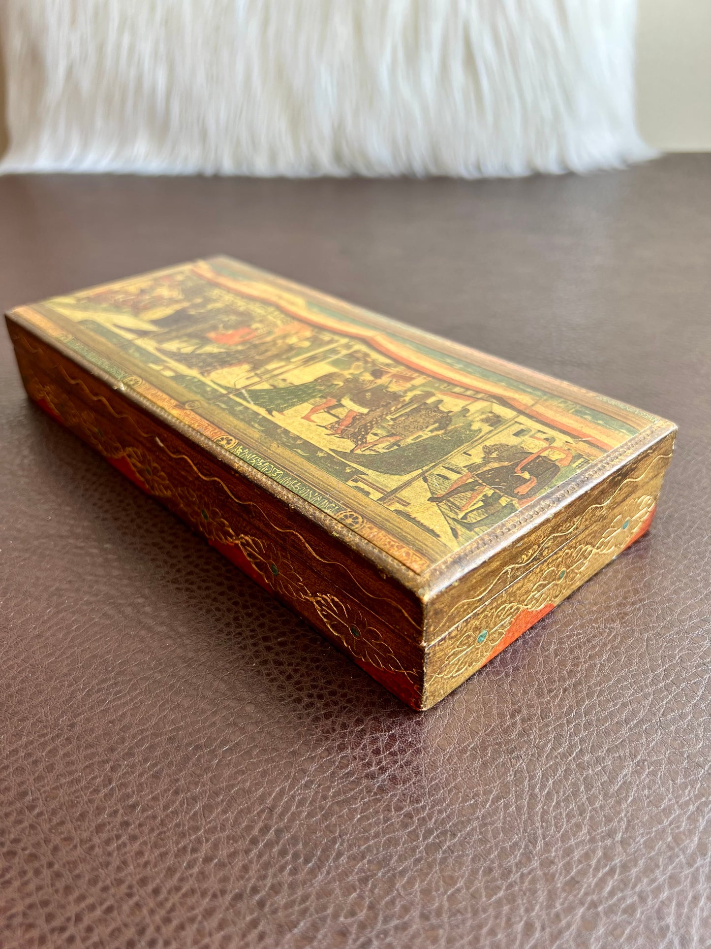 Italian Florentine Gold Gilt Large Jewelry/ Trinket Wooden Box, Wedding Scene on Top of the Lid