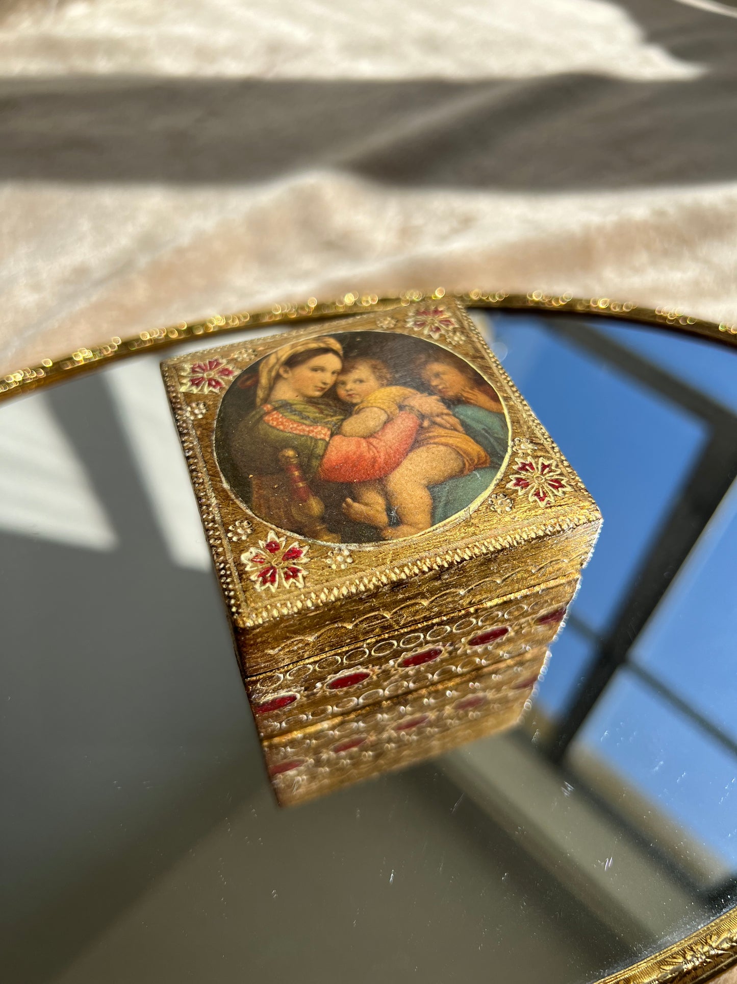 Italian Florentine Vintage Wooden Gold Gilded Box on the Top Madonna and child with St.John By Raphael