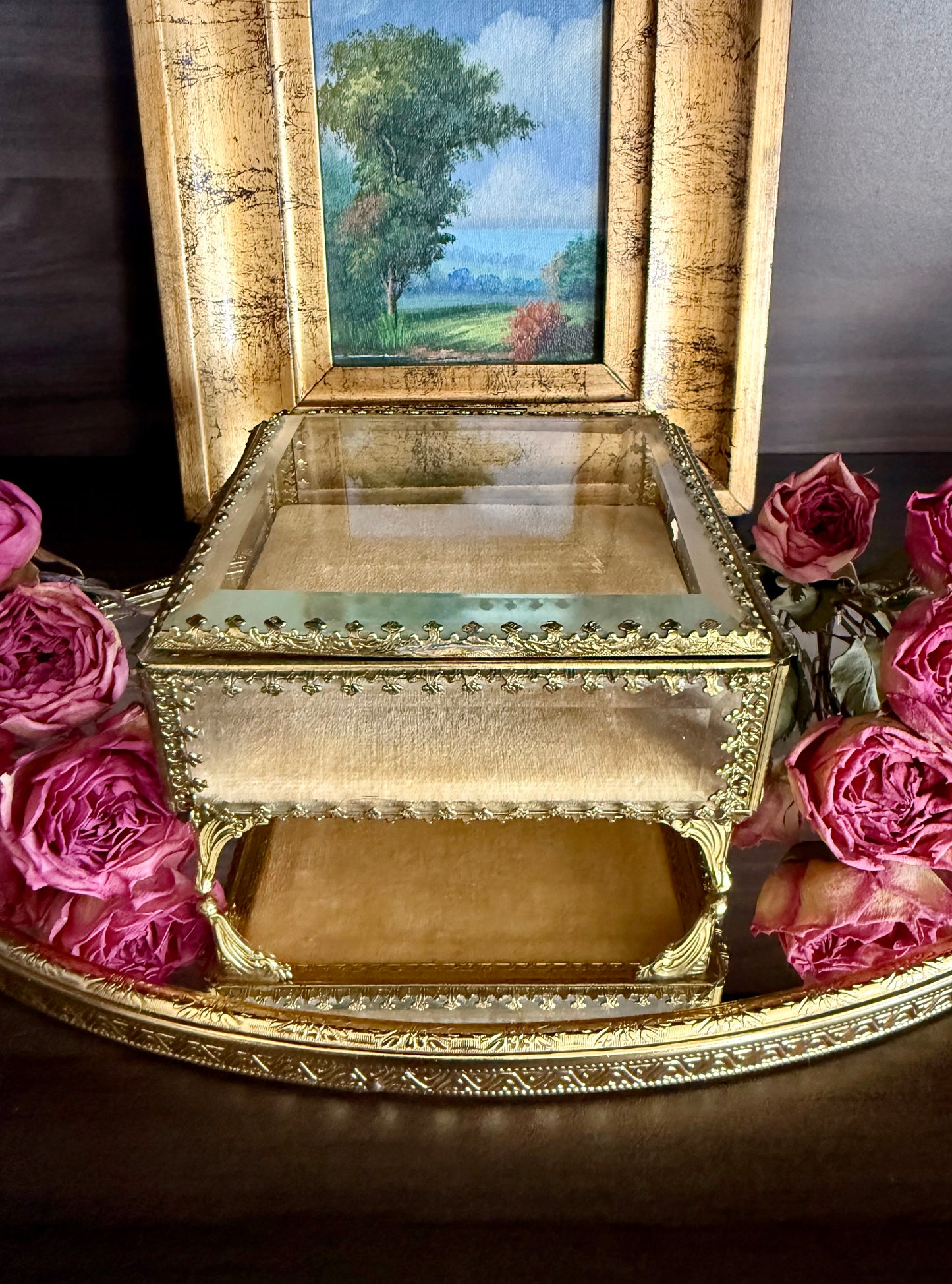 French Style Beveled Glass Vintage Brass Footed Jewelry Casket or Trinket Box from the 1950s