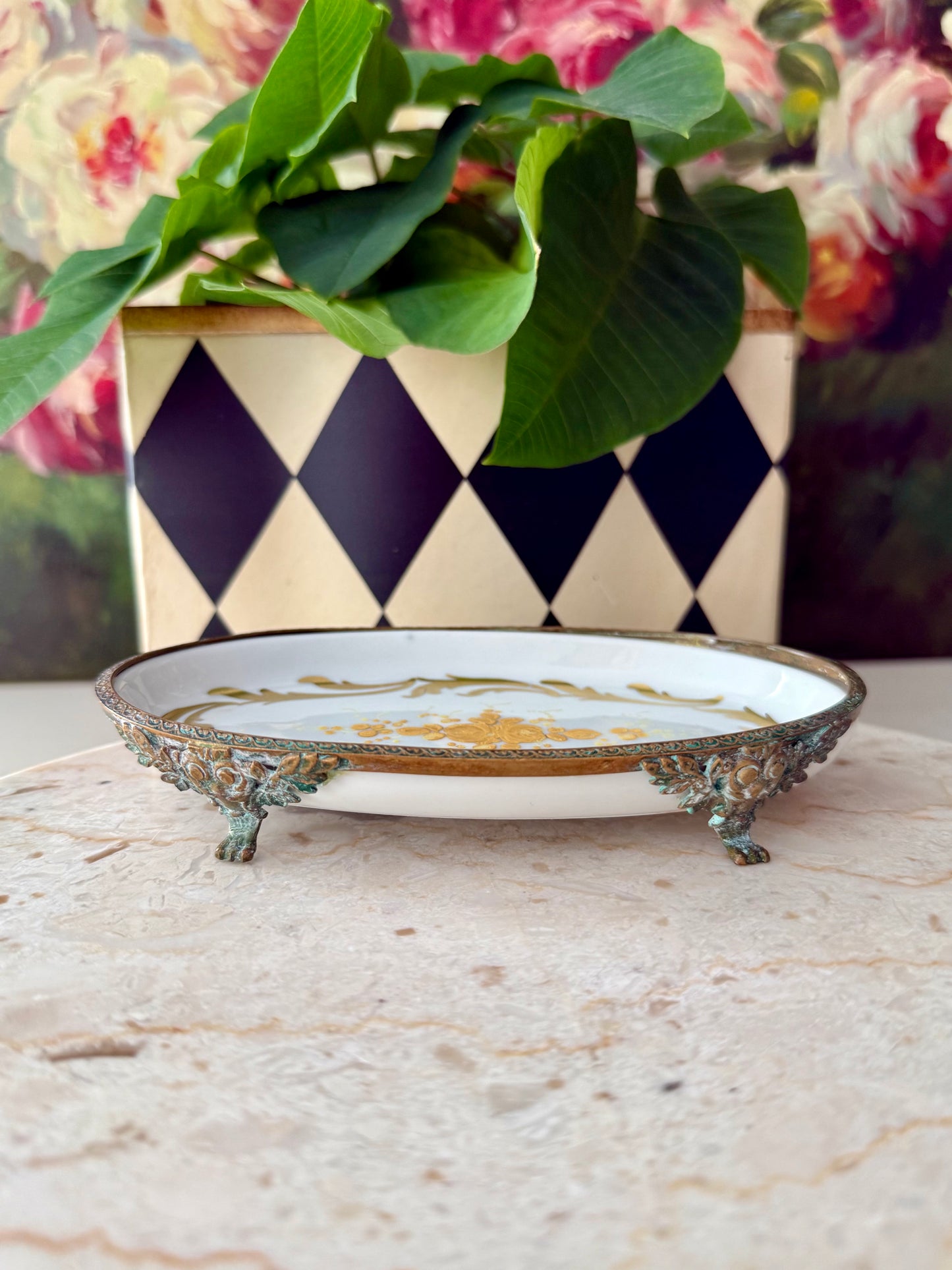 Antique Sévres Style Brass Footed and Hand-painted Oval Porcelain Decorative Soap Dish - Made in France