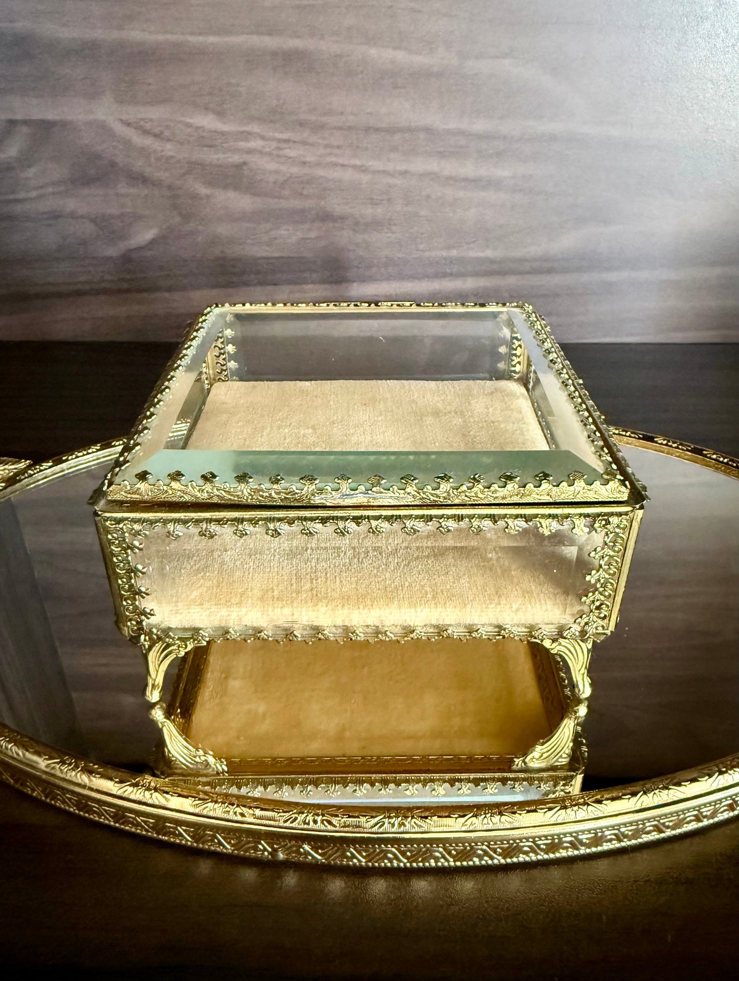 French Style Beveled Glass Vintage Brass Footed Jewelry Casket or Trinket Box from the 1950s