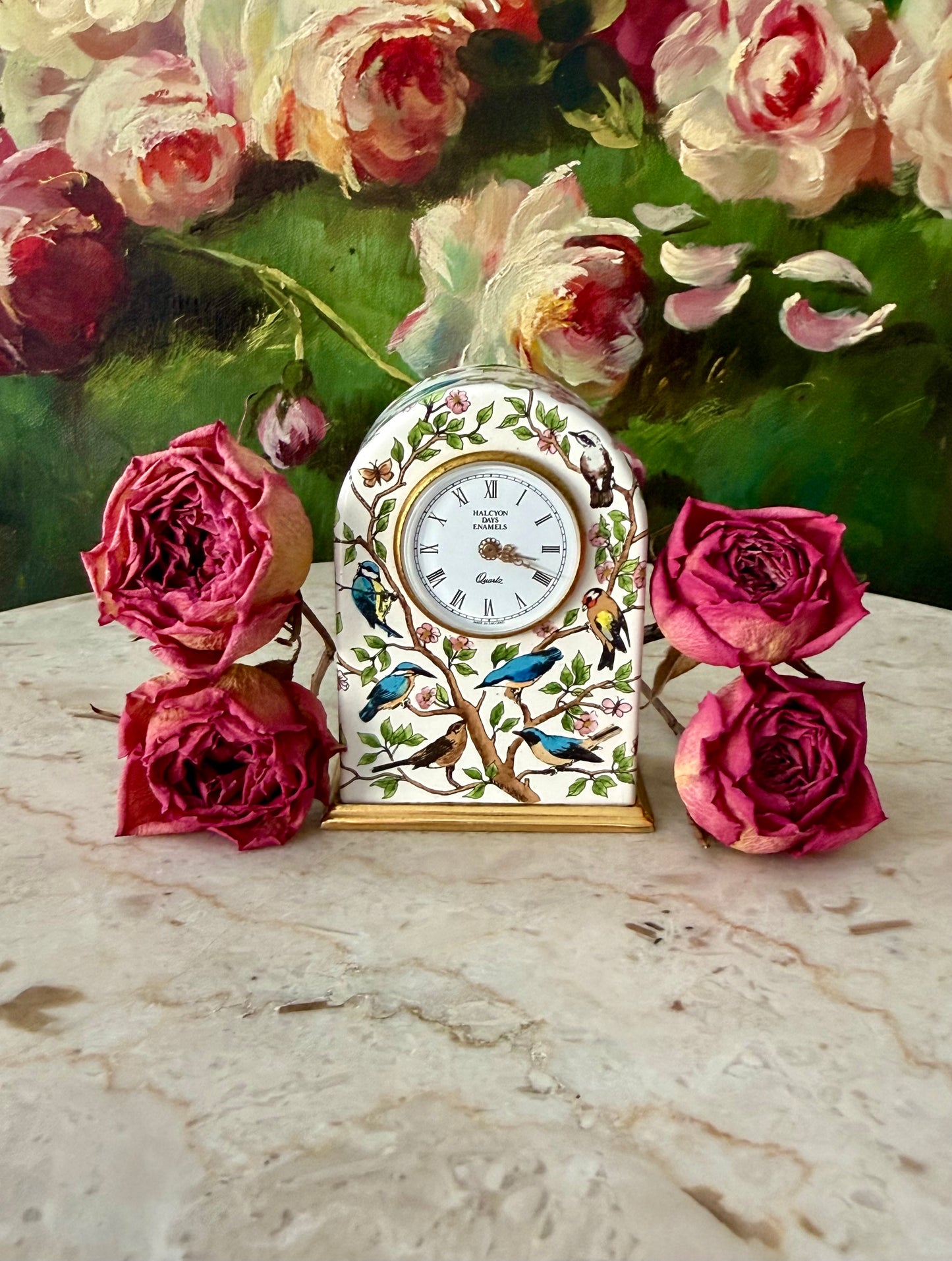 Halcyon Days Vintage Enamel Table Clock with Hand-painted Birds and Flowers Design