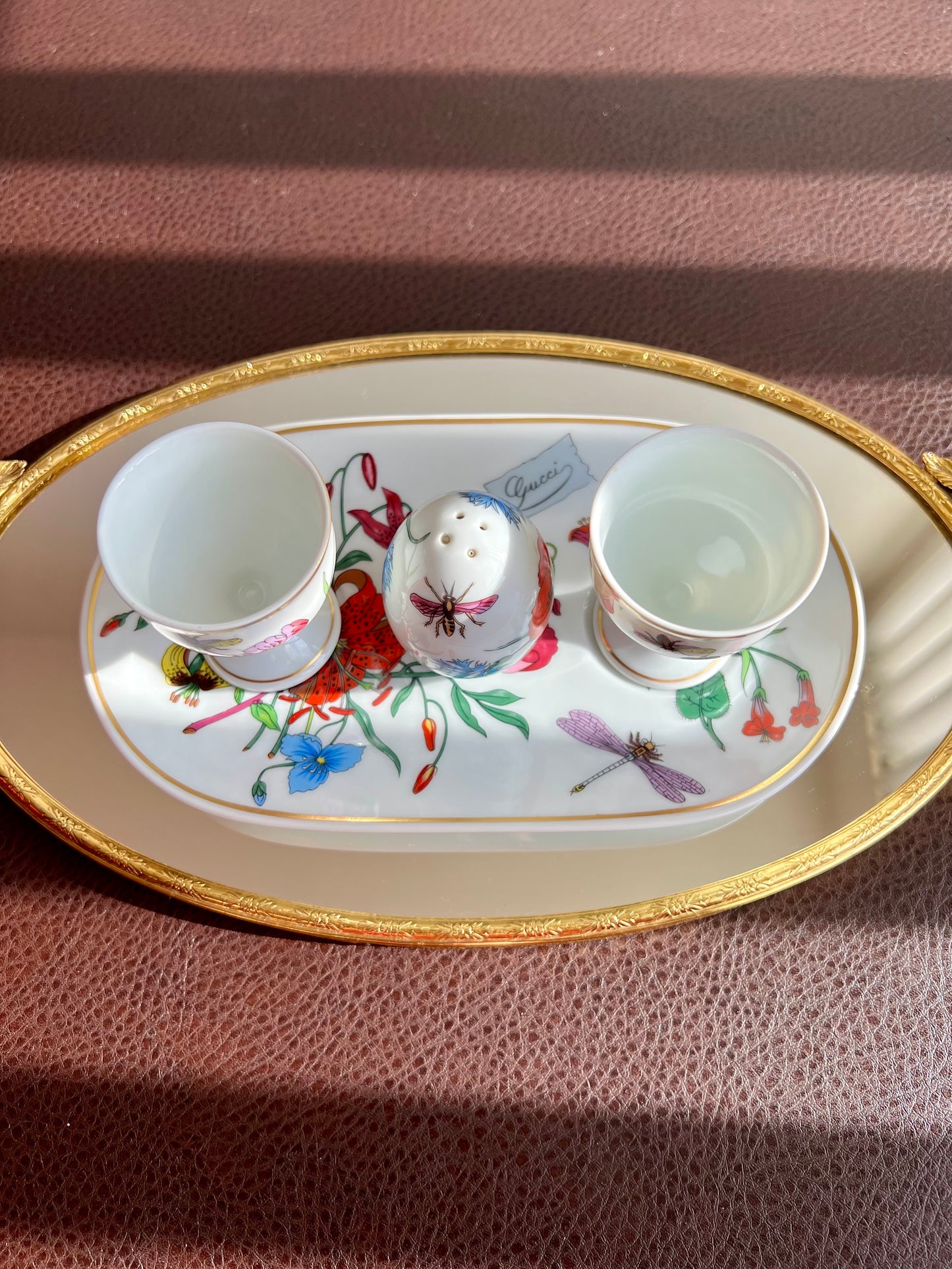 1980s Gucci Bernardaud Limoges Floral & Butterfly Print Porcelain Egg Cup and Salt Shaker Set, Made in France