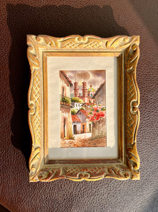 Watercolor Original Art Signed Vintage Painting with Gilded Wooden Frame