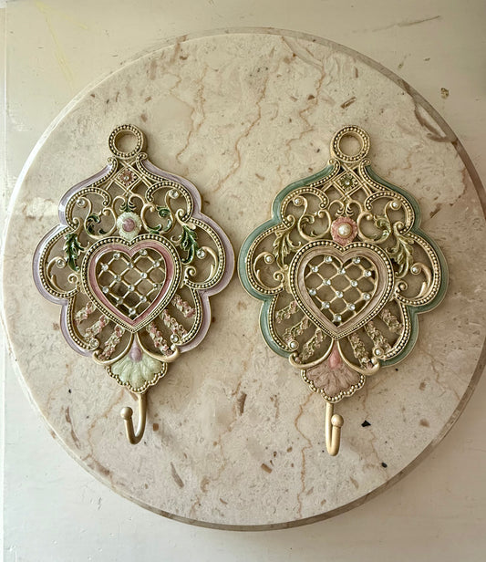 Two Victorian Style Enamel Kitchen Decor Vintage Wall Hooks with Pearls, Crystal and Rhinestones (2 pcs)