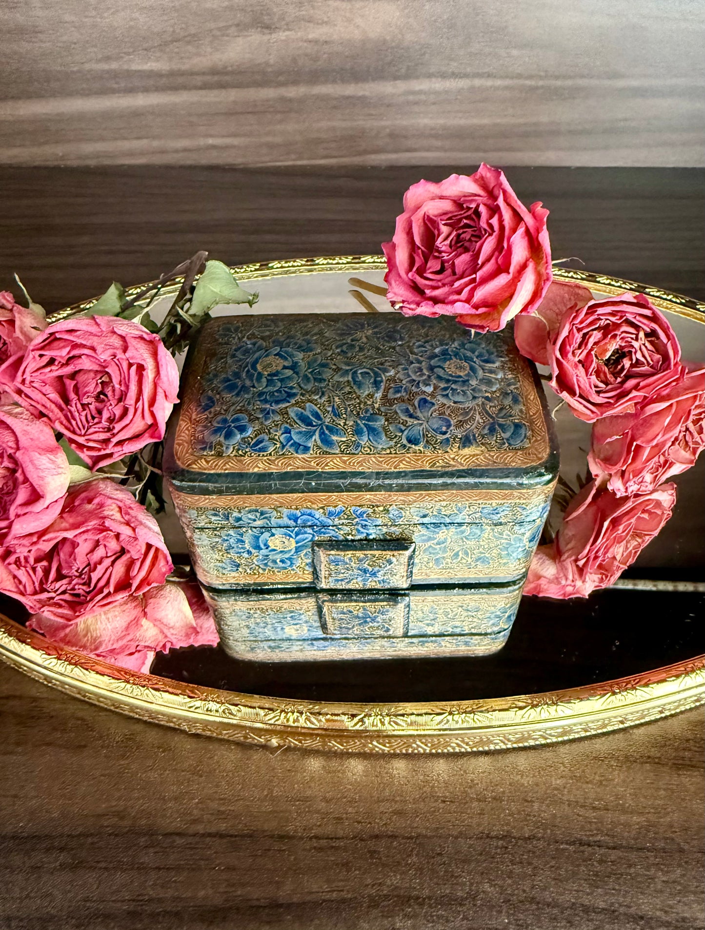 Beautiful Vintage Blue and Gold Hand-Painted Wooden Kashmir Papier-Maché Ring Holder or Jewelry Box