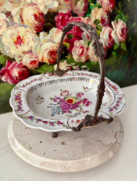 Porcelain Oval Crackle Glazed Vintage Basket Serving Dish with Decorative Bronze Handle, Floral Design and four Legs