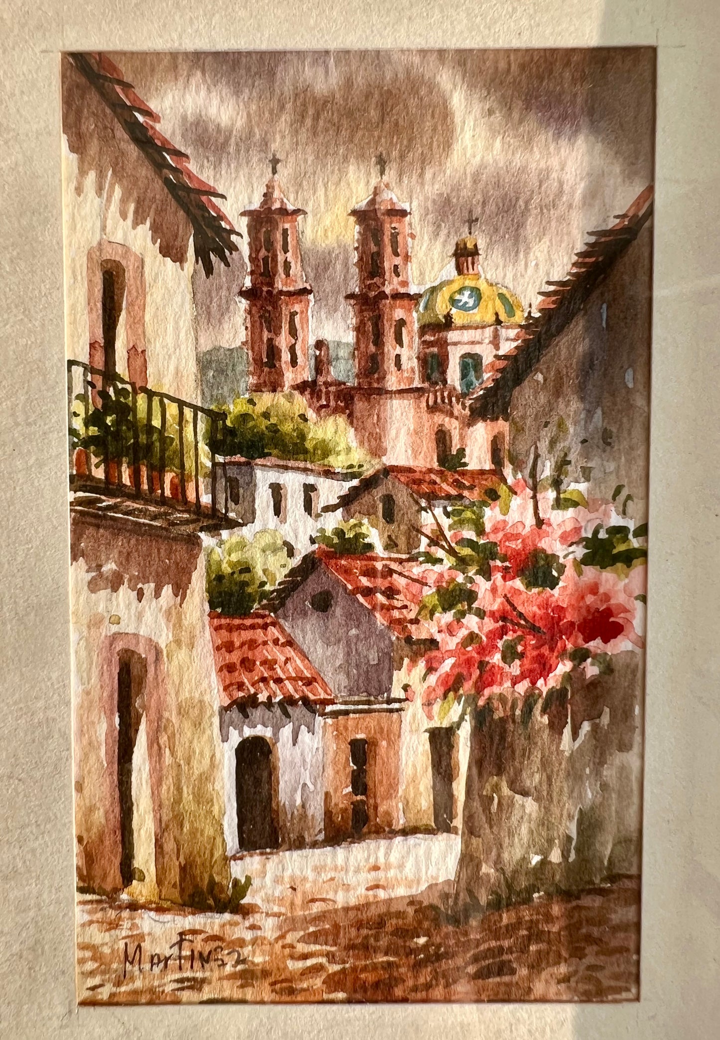 Watercolor Original Art Signed Vintage Painting with Gilded Wooden Frame