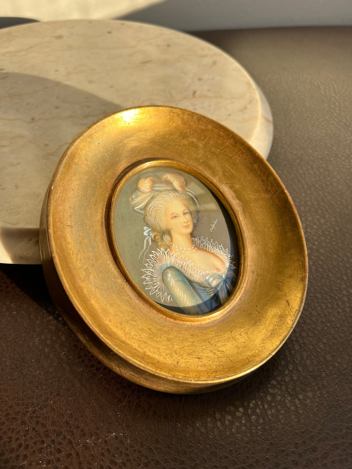 Antique/ Vintage Italian Miniature Oval Gilded Wooden Framed Original Painting Portrait Of Royal Lady Wall Decor c1900's