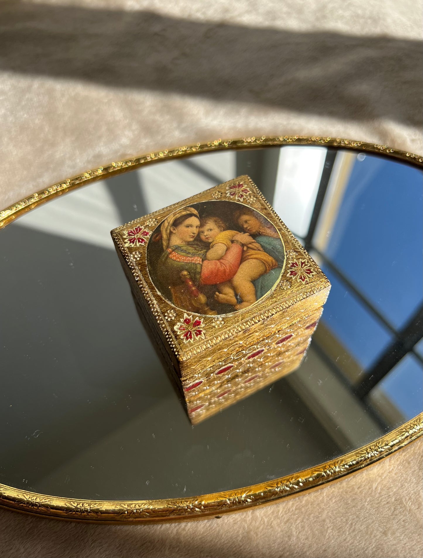 Italian Florentine Vintage Wooden Gold Gilded Box on the Top Madonna and child with St.John By Raphael