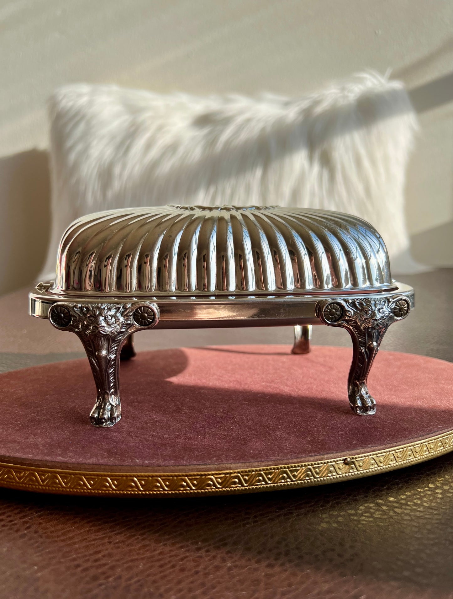 Antique F.B Rogers Silver-Plated Lion Head and Footed Butter Dish Victorian Covered Roll Top - Glass Insert