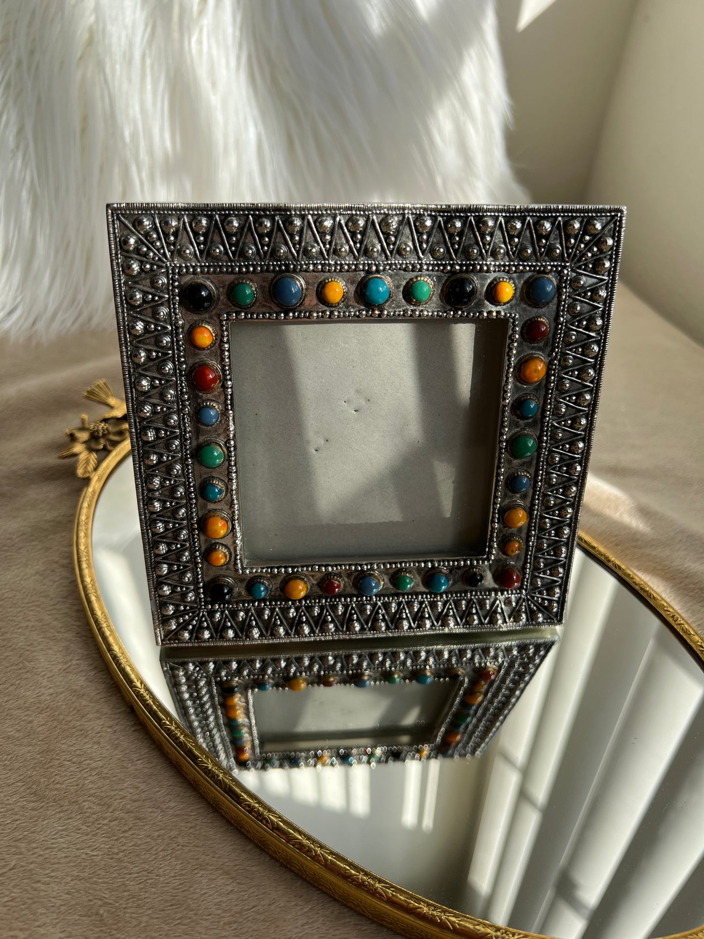 Unique Art Deco/ Pop Up Style Vinatage Silver Photo Frame with Colorful Stones Decorated