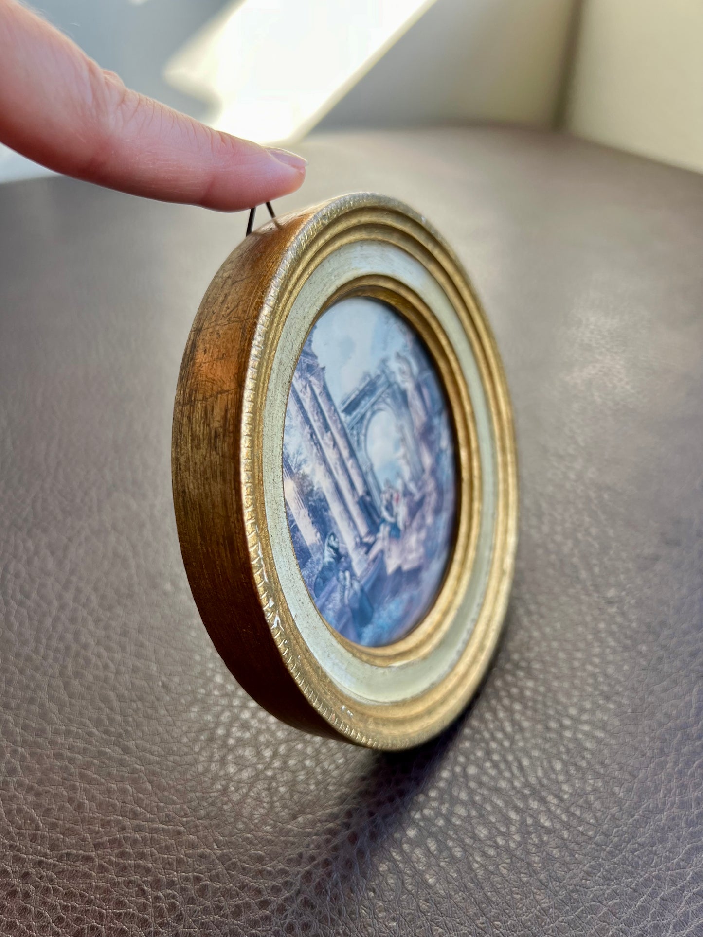 Italian Miniature Round Vintage Florentine Gilt Wood Framed Print