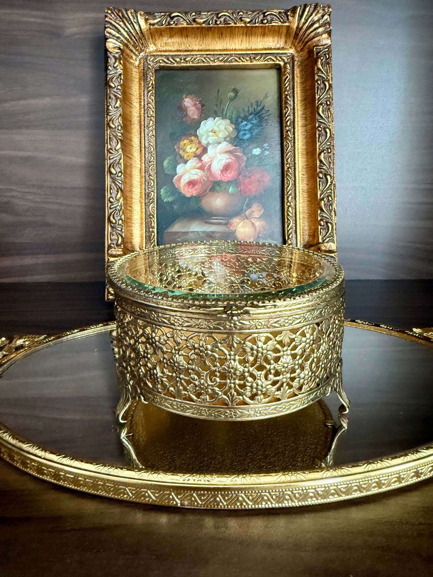 Hollywood Regency Style Vintage Round Gold Filigree Ormolu Glass Top Jewelry/ Trinket Box Footed