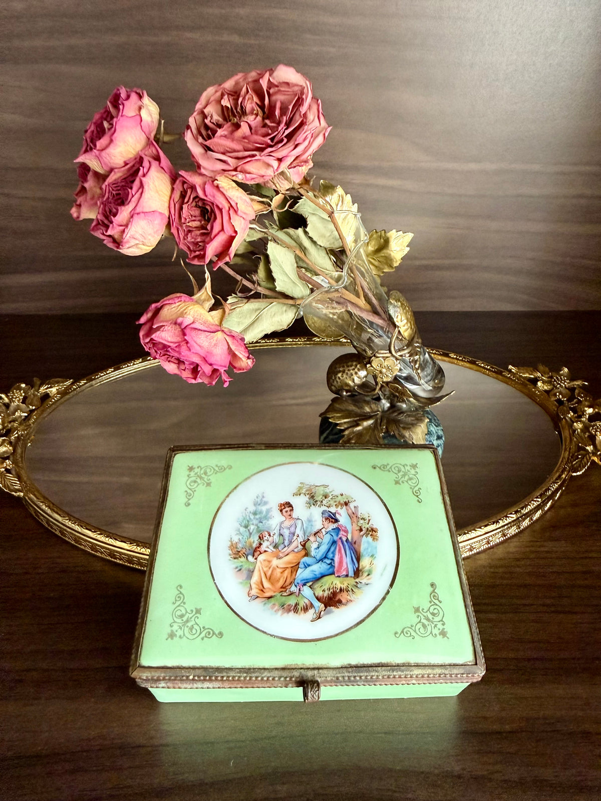 Antique European French Style Green Porcelain Jewelry or Trinket Hinged Box
