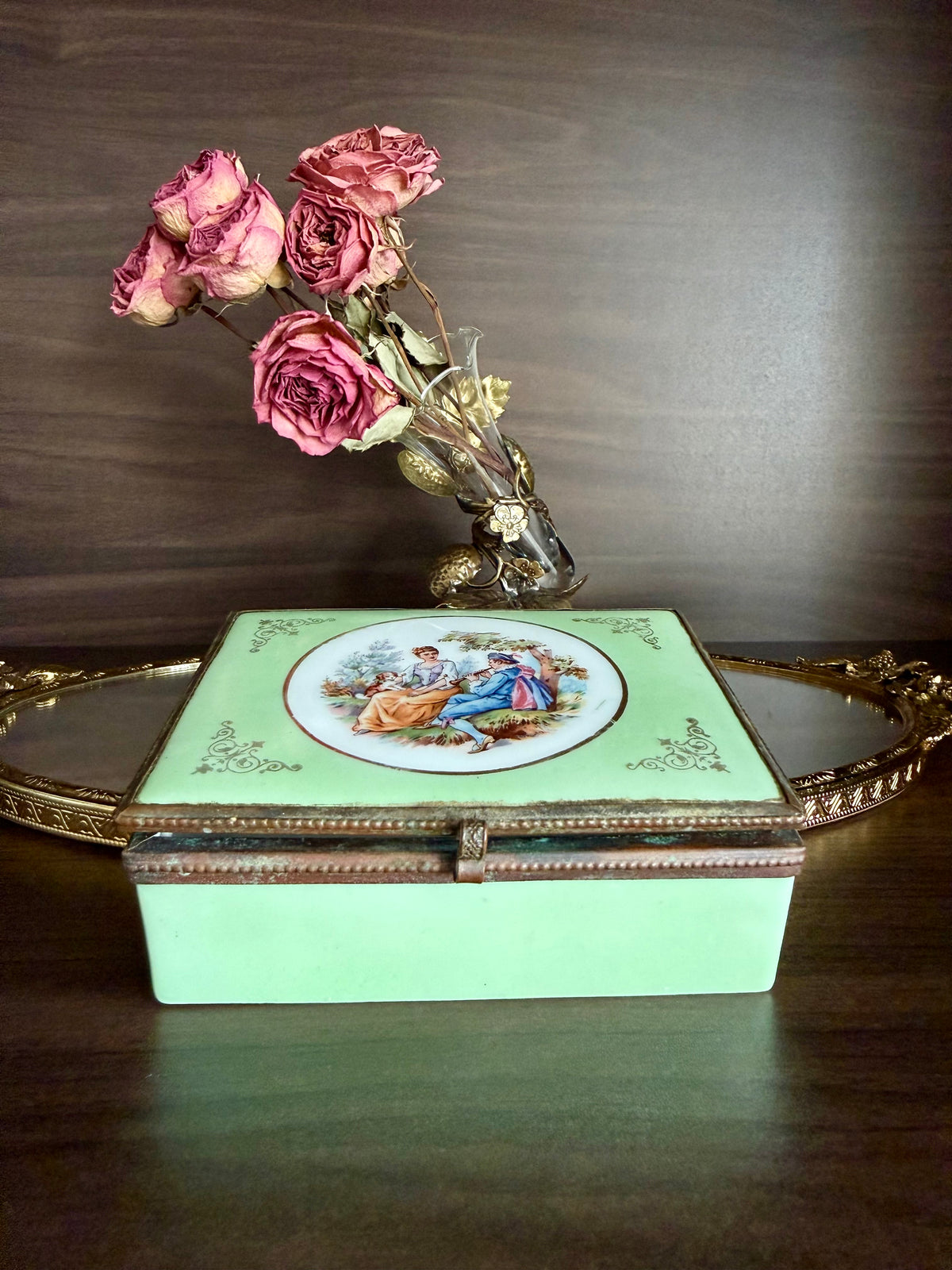 Antique European French Style Green Porcelain Jewelry or Trinket Hinged Box
