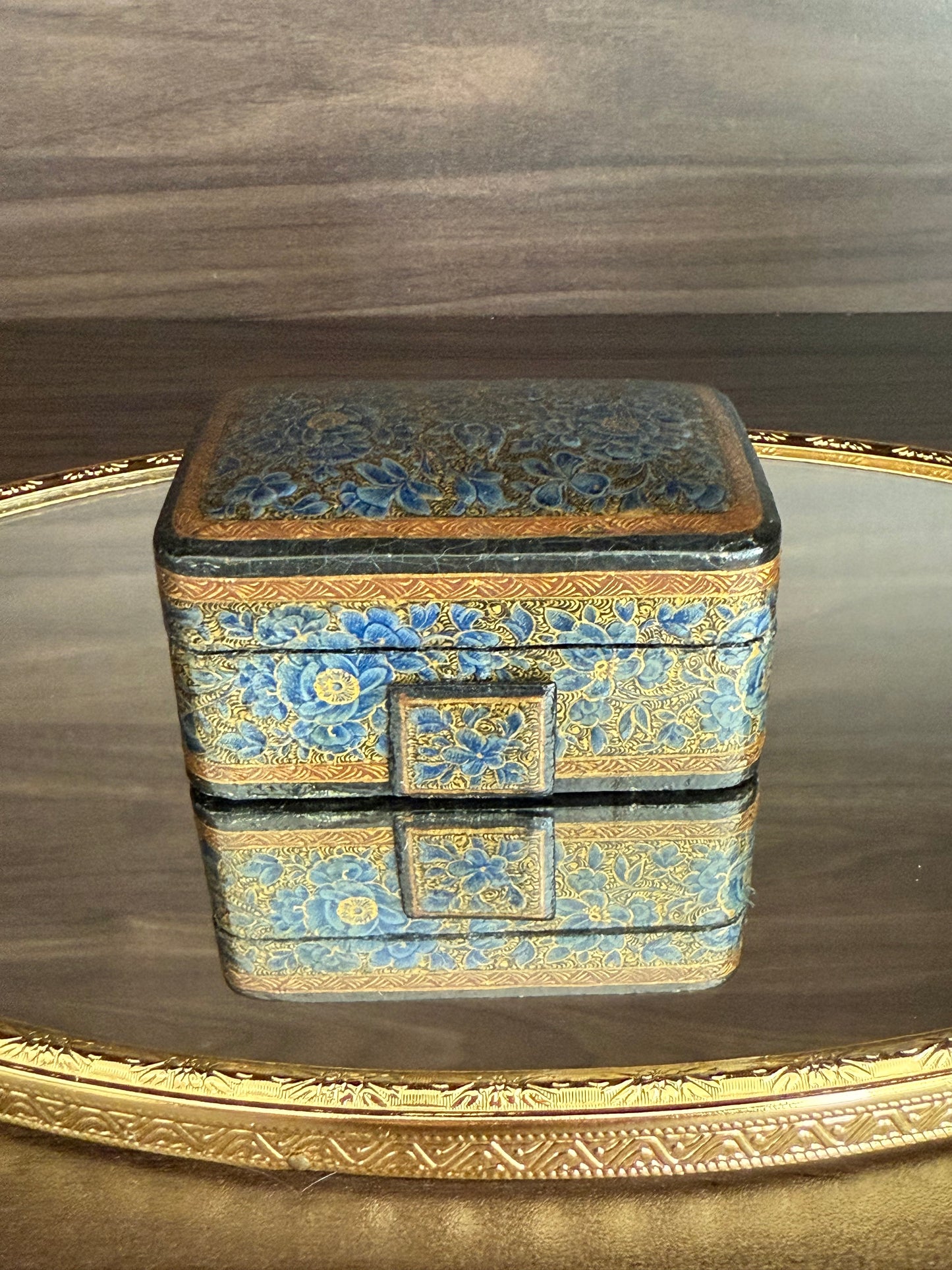 Beautiful Vintage Blue and Gold Hand-Painted Wooden Kashmir Papier-Maché Ring Holder or Jewelry Box