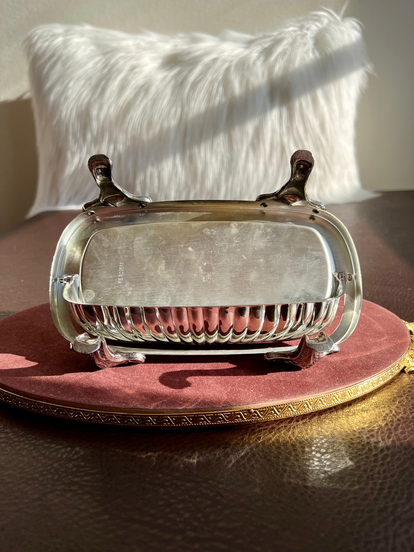 Antique F.B Rogers Silver-Plated Lion Head and Footed Butter Dish Victorian Covered Roll Top - Glass Insert