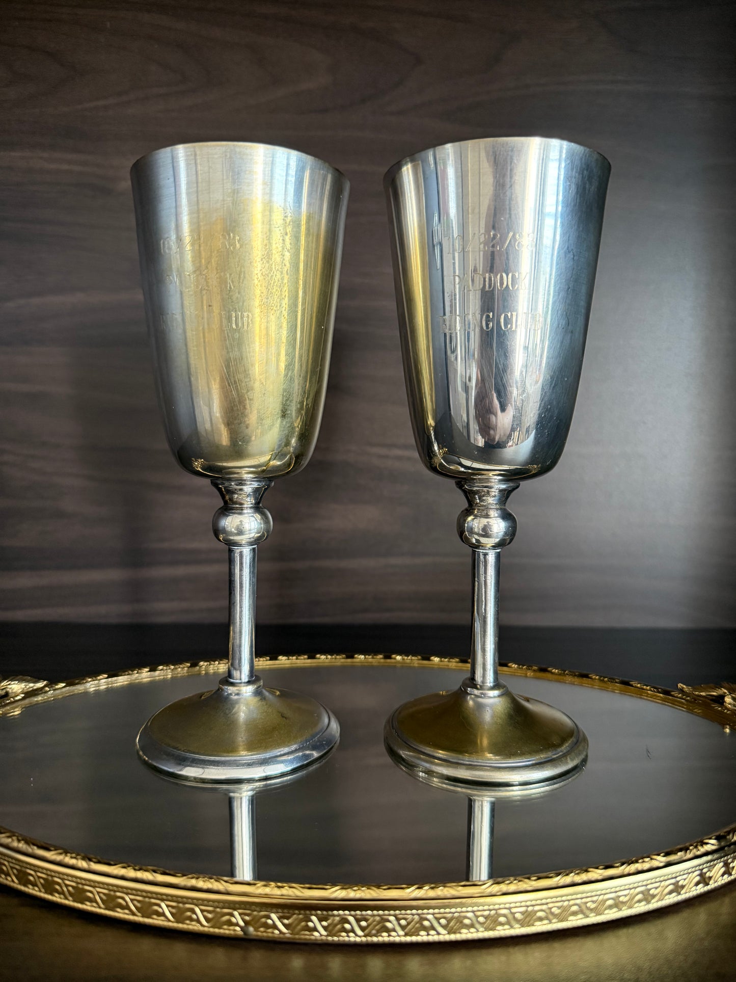 A Pair of Vintage Silver-Plated Wine Glasses with Long Stems and Slightly Flared Tops - these from the estate of Hollywood actor, writer, director, and producer Howard Storm