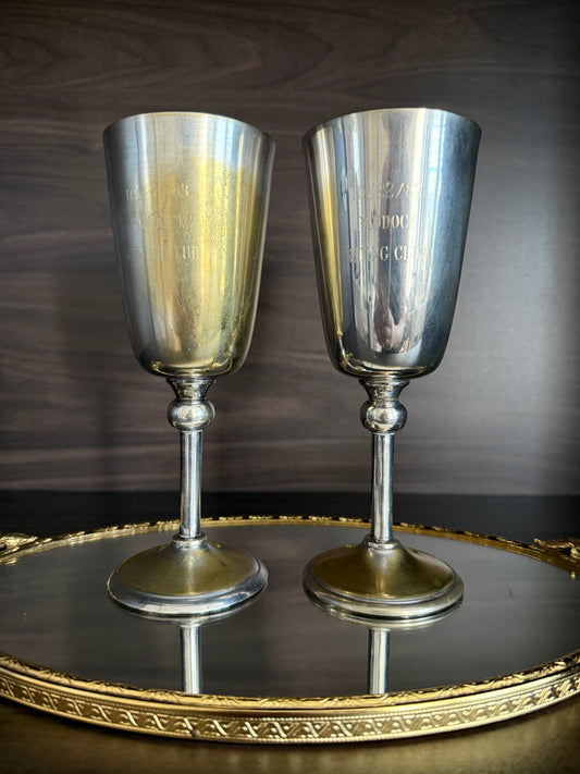 A Pair of Vintage Silver-Plated Wine Glasses with Long Stems and Slightly Flared Tops - these from the estate of Hollywood actor, writer, director, and producer Howard Storm