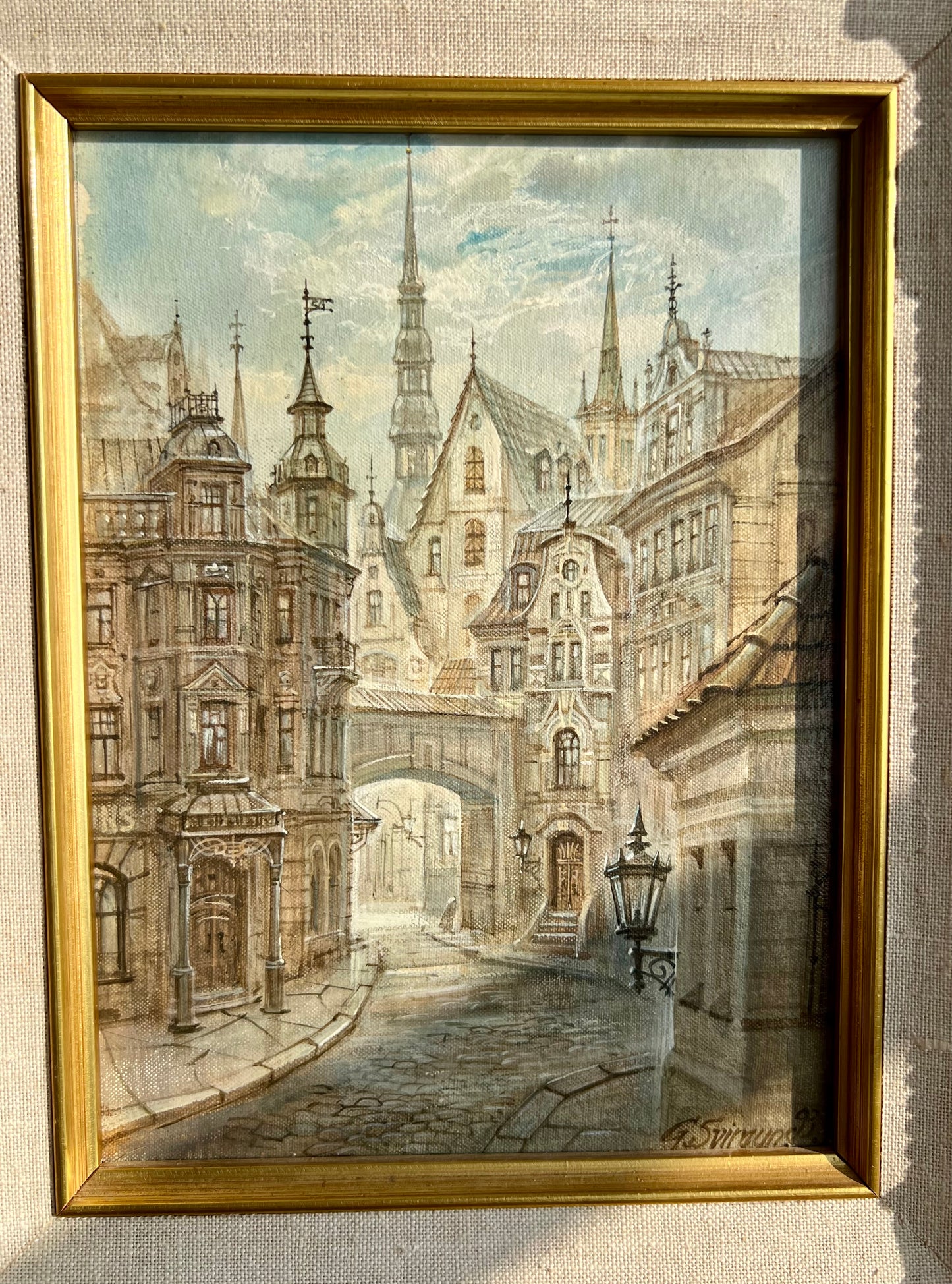 Very Unique “Riga” Old City Original Artwork Vintage Oil Painting with Wooden Framed Signed by G.Sviraunc