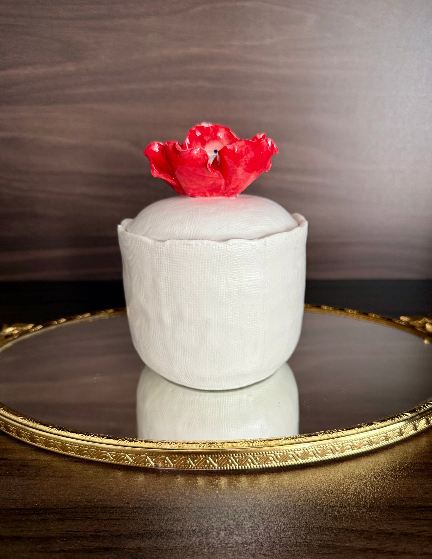 “Sweet Red Poppy" Luxury White Ceramic Candle with Lid by Illume