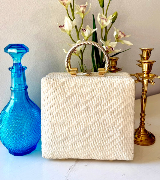 1950s Vintage KORET Elegant White Wicker Luxury Purse/Handbag, Made in Italy, Excellent Condition