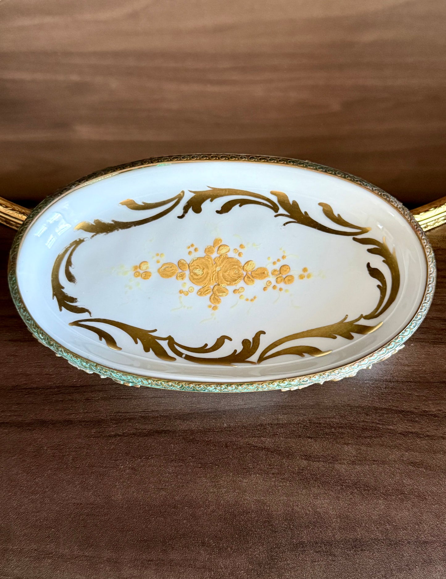Antique Sévres Style Brass Footed and Hand-painted Oval Porcelain Decorative Soap Dish - Made in France