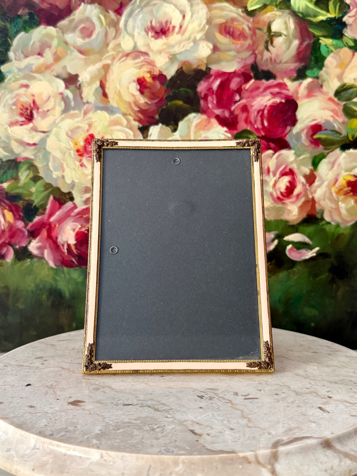 Elegant Gold-tone Classic Leaf and Floral Motif and Pastel Pink Enamel Style Vintage Photo or Picture Frame