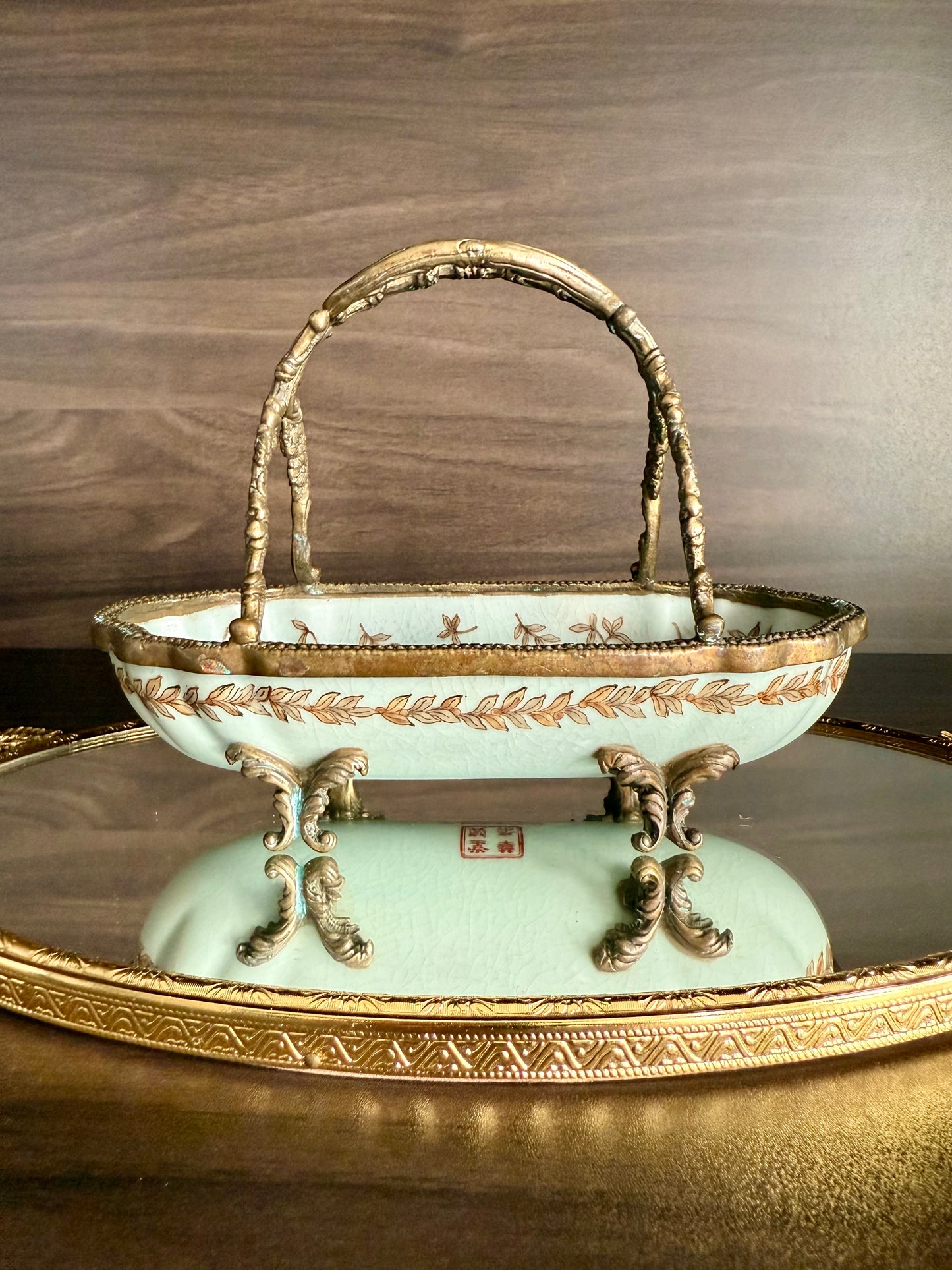 Antique-Looking Art Nouveau Style Porcelain Floral Crackle Glazed Footed Basket Trinket Dish with Bronze Handle