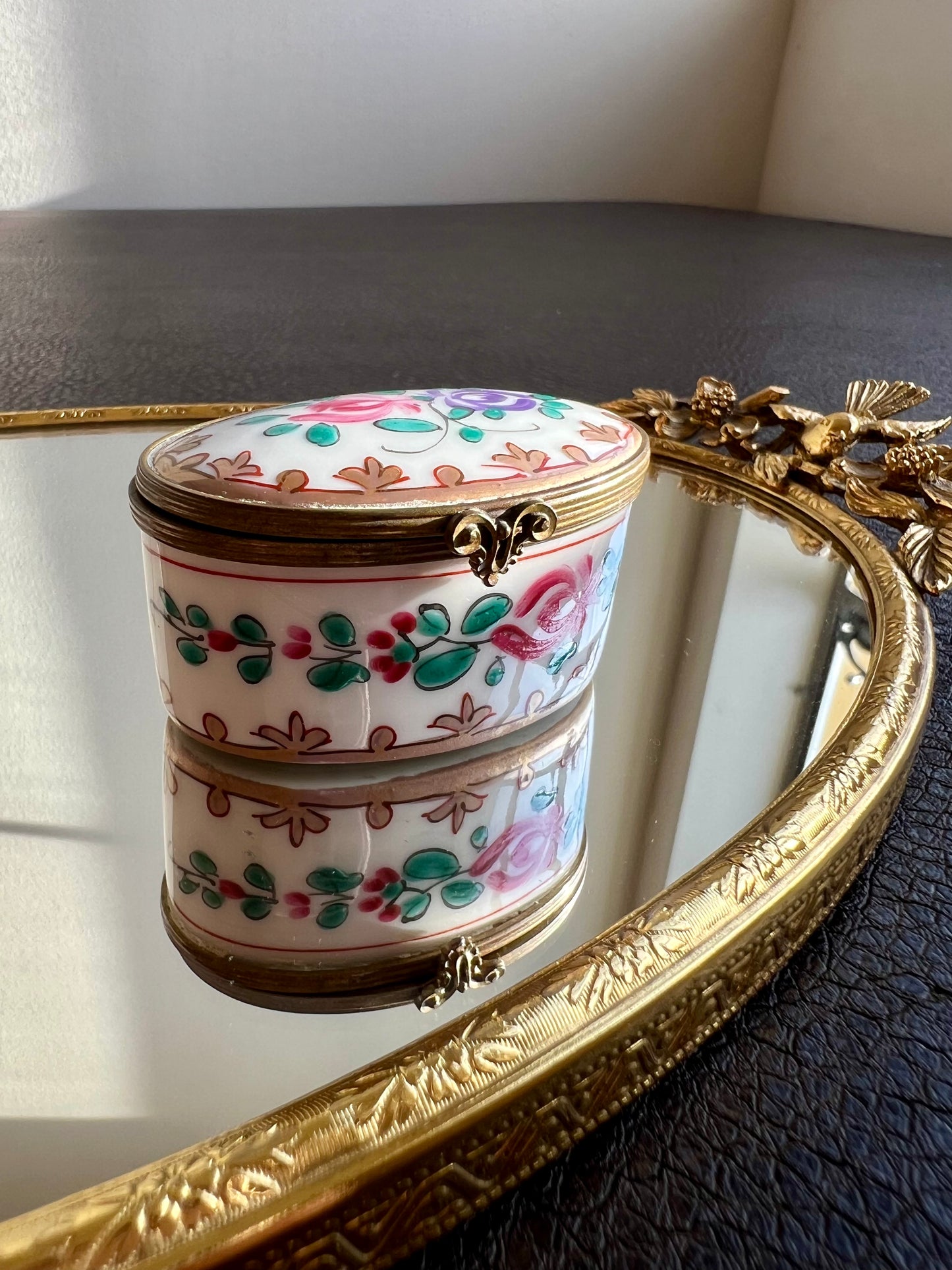 Antique/ Vintage French Oval Porcelain Miniature Jewelry or Pill Box with Decorative Floral Motifs - Double Red LL and ‘Made in France’ Marks on the Bottom