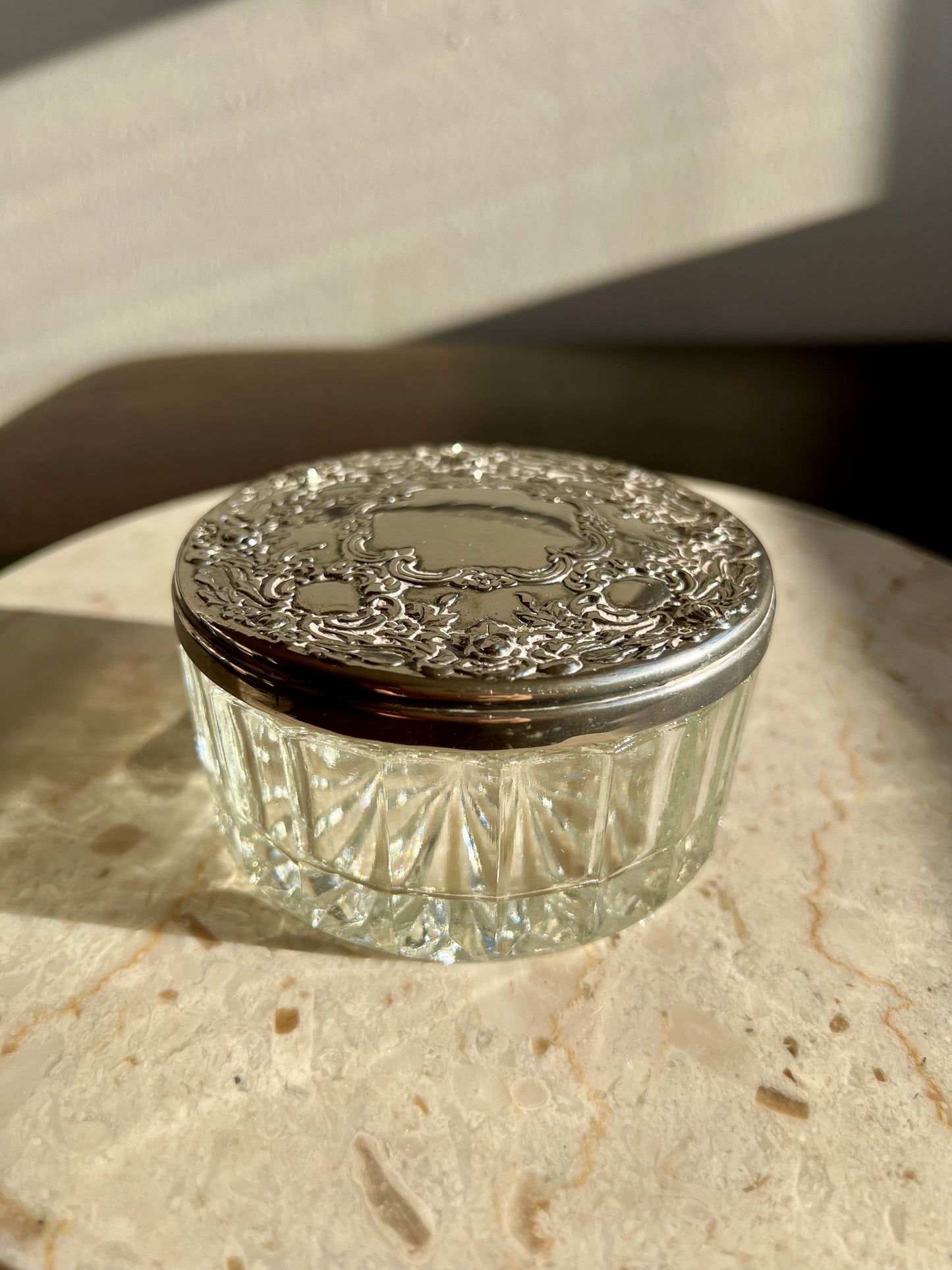 Vintage GODINGER Glass Powder Jar Ornate with Heavy Silver-plated Lid on the Top & Mirror